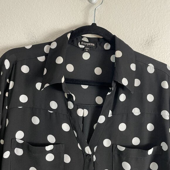 Express Womens XL Black White Polka Dot Button Up Roll Tab Sleeve Blouse - Picture 2 of 10
